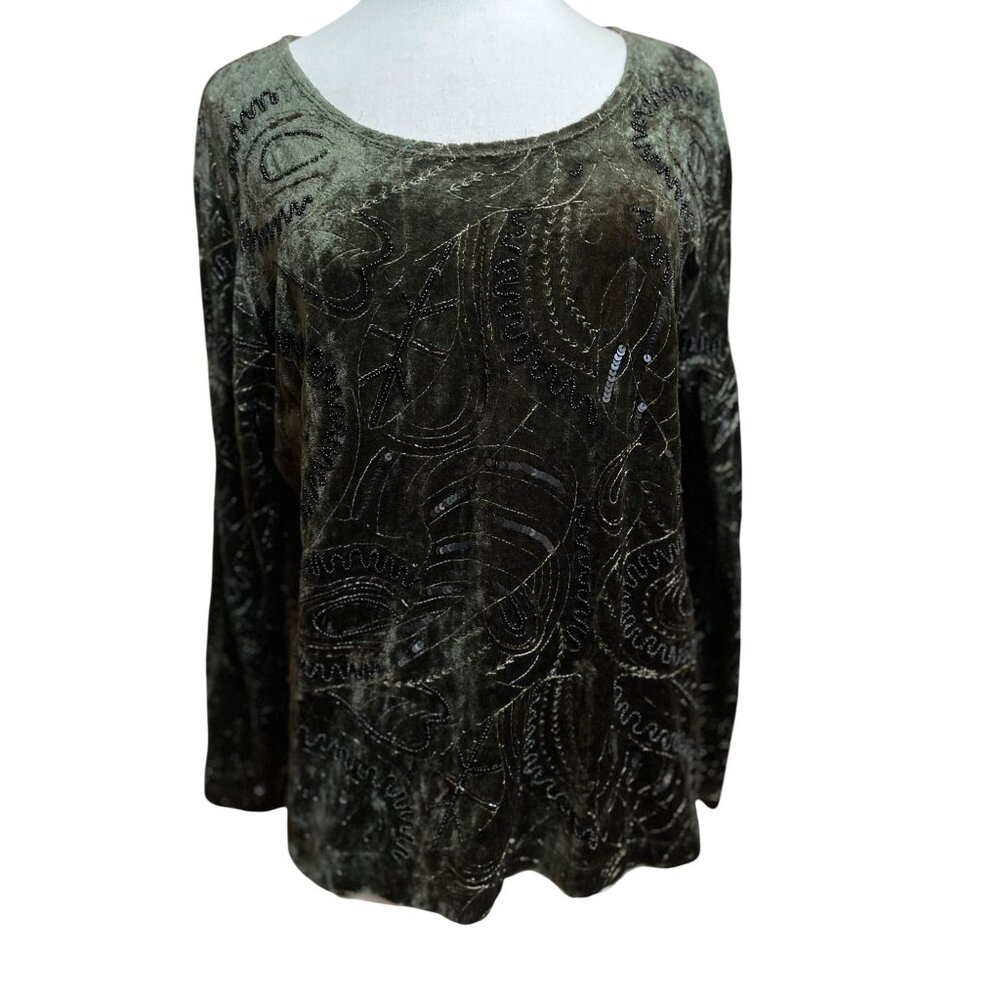 Chicos Olive Green Velvet Sequin Bead Holiday‎ Whimsigoth Long Sleeve Top Size 3